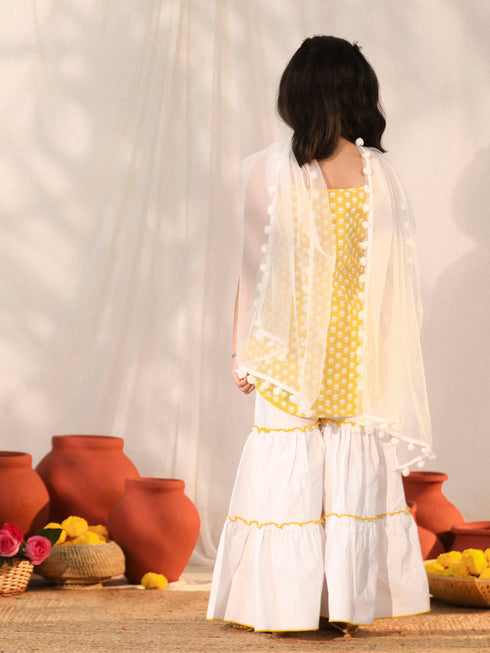 Vastramay Girl's Yellow and White Kurta, Sharara and Dupatta Set