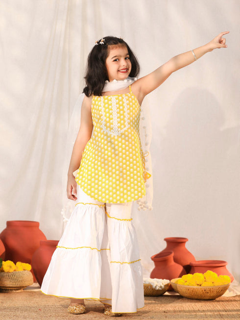 Vastramay Girl's Yellow and White Kurta, Sharara and Dupatta Set