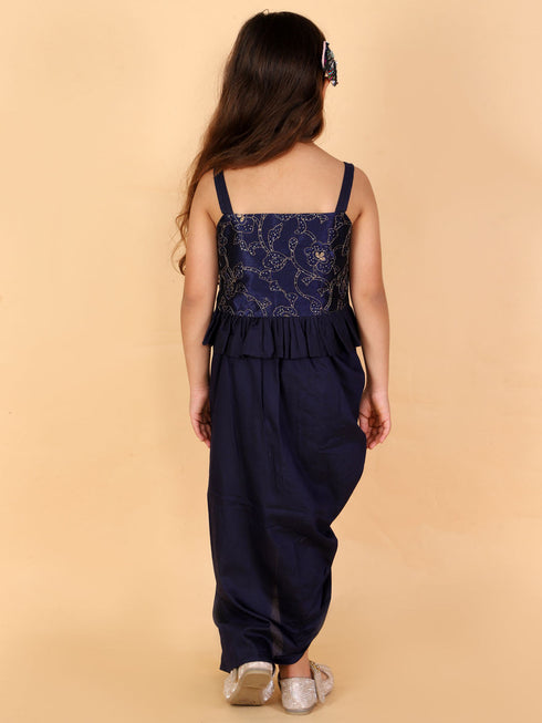 Vastramay Navy Blue Embroidered Silk Blend Siblings Set