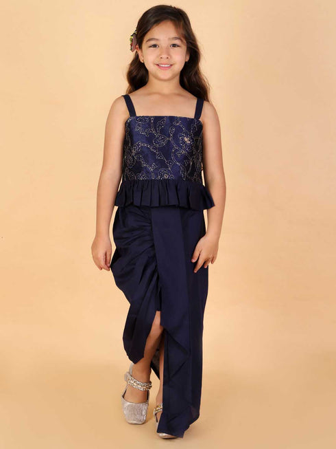 Vastramay Girl's Navy Blue Draped Skirt With Crop Top