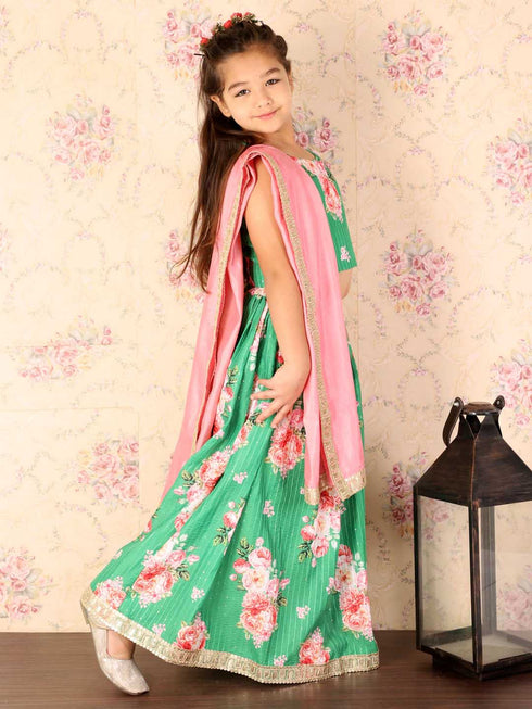 Vastramay Girl's Green Embellished Lehenga Set