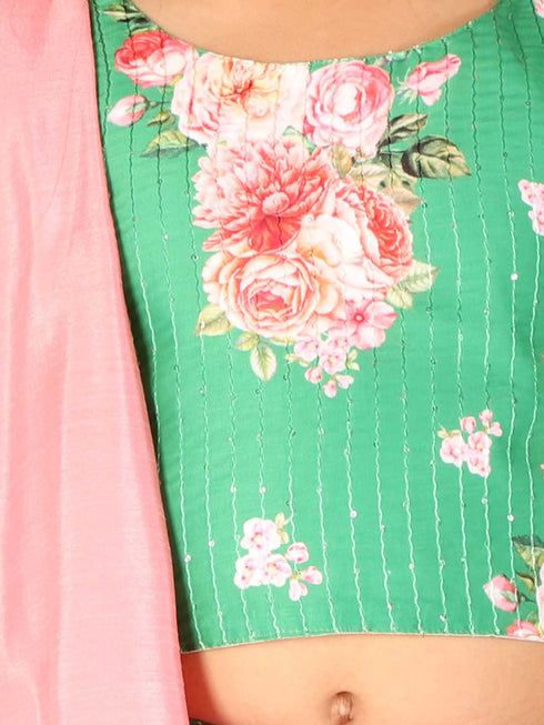 Vastramay Girl's Green Embellished Lehenga Set