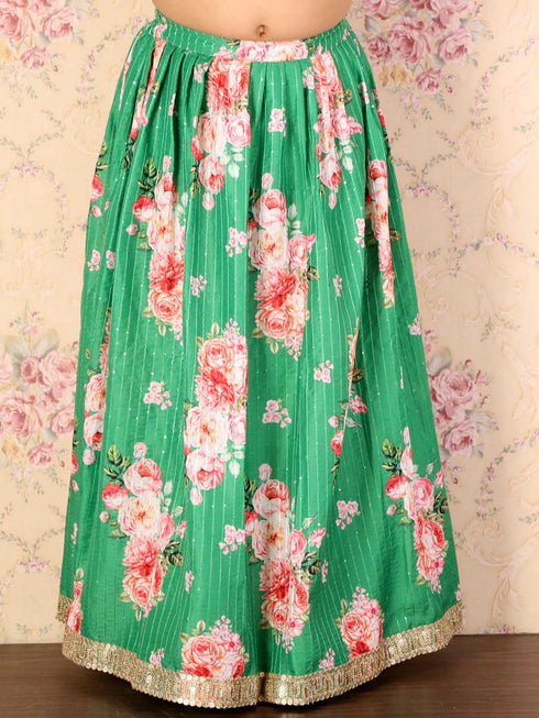 Vastramay Girl's Green Embellished Lehenga Set