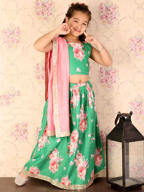 Vastramay Girl's Green Embellished Lehenga Set