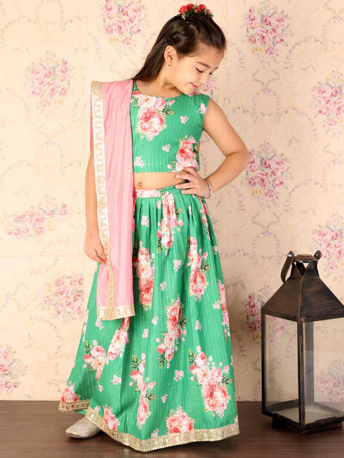 Vastramay Girl's Green Embellished Lehenga Set
