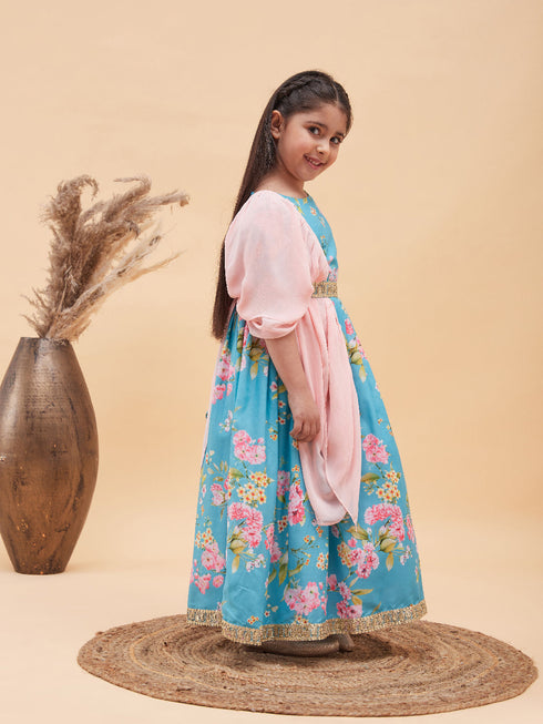 Vastramay Girl's Aqua Blue Floral Print Lehenga Set