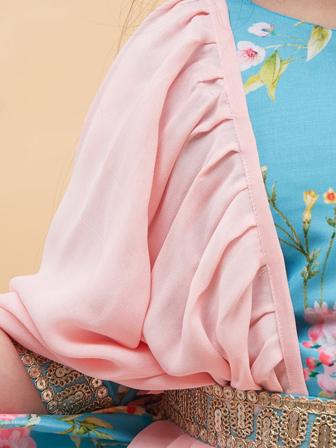 Vastramay Girl's Aqua Blue Floral Print Lehenga Set