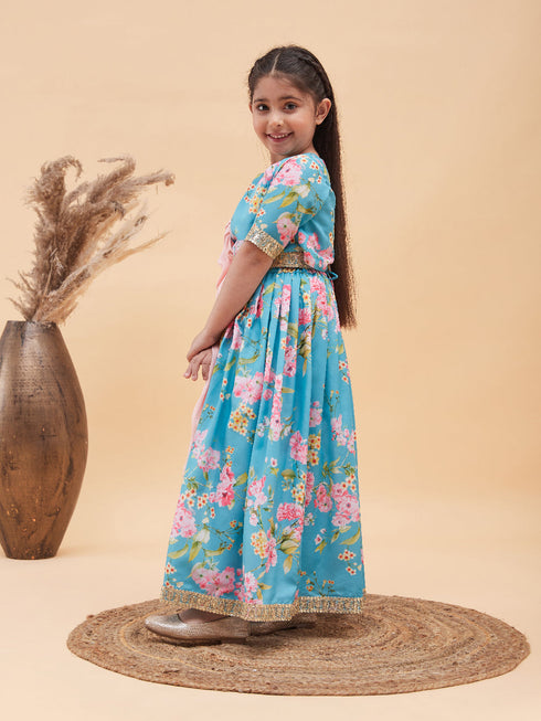 Vastramay Girl's Aqua Blue Floral Print Lehenga Set