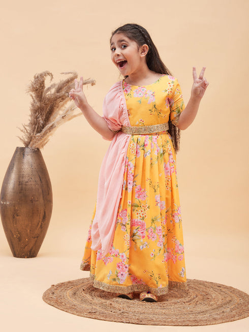 VASTRAMAY Yellow Floral Print Sibling Set