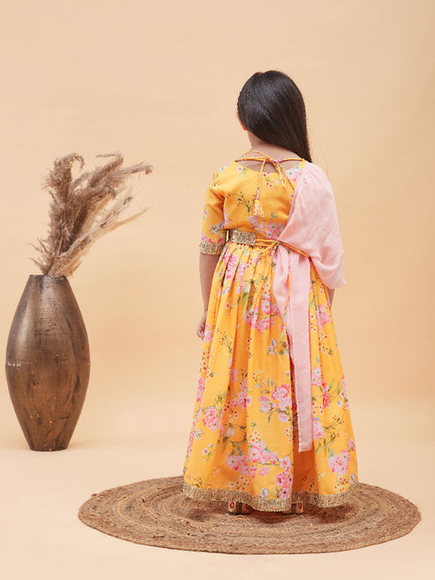 VASTRAMAY Yellow Floral Print Sibling Set