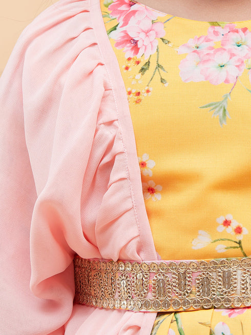 Vastramay Girl's Yellow Floral Print Lehenga Set