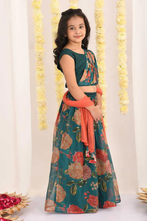 VASTRAMAY Girls' Green Printed Organza Lehenga With Dupatta Set