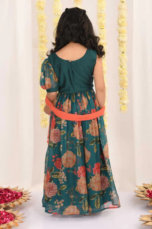 VASTRAMAY Girls' Green Printed Organza Lehenga With Dupatta Set