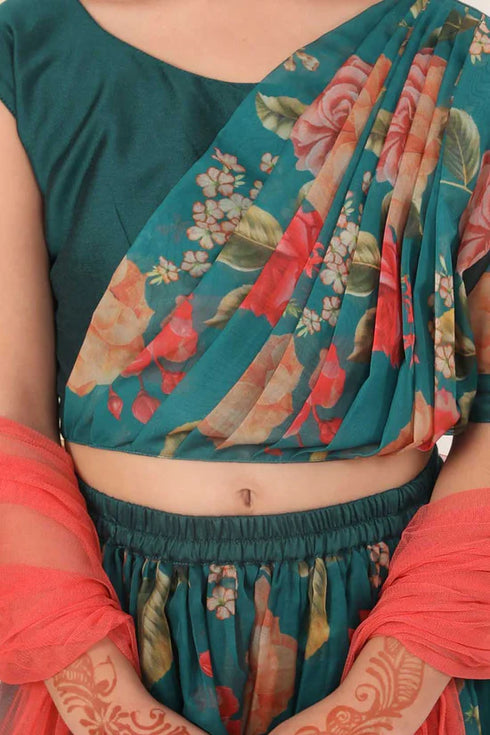VASTRAMAY Girls' Green Printed Organza Lehenga With Dupatta Set