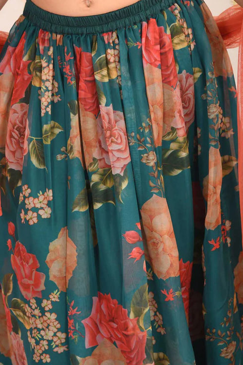 VASTRAMAY Girls' Green Printed Organza Lehenga With Dupatta Set