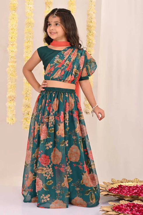 VASTRAMAY Girls' Green Printed Organza Lehenga With Dupatta Set