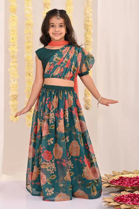 VASTRAMAY Girls' Green Printed Organza Lehenga With Dupatta Set