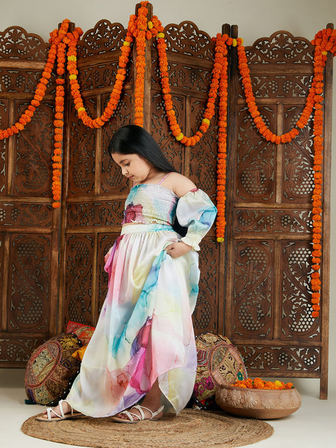 Vastramay Girl's Multicolor Printed Satin Two Piece Set