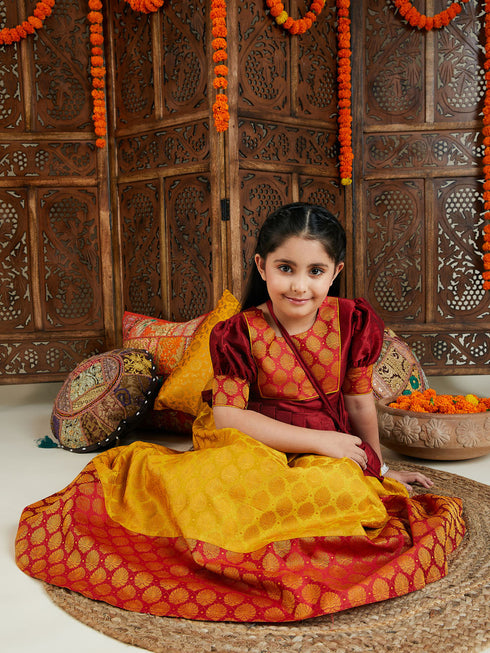 Vastramay Girl's Maroon Jacquard Top And Skirt Set