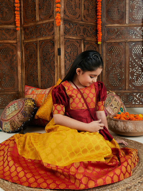 Vastramay Girl's Maroon Jacquard Top And Skirt Set