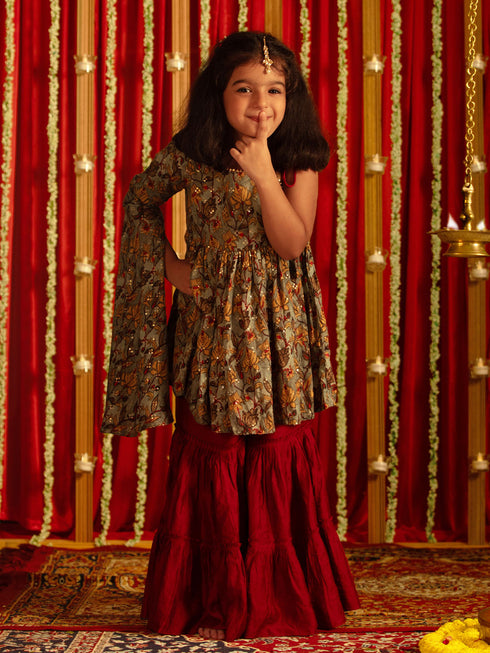 Vastramay Girls' Grey Printed Tunic With Palazzo Set