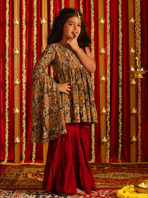 Vastramay Girls' Grey Printed Tunic With Palazzo Set