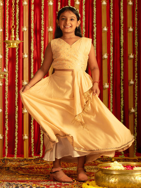 Vastramay Girls' Peach Embroidered Crop Top And Blended Skit With Attached Pleated Dupatta Set