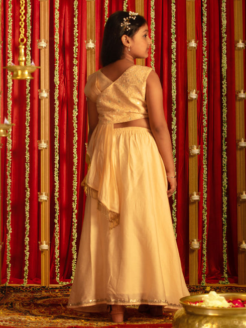 Vastramay Girls' Peach Embroidered Crop Top And Blended Skit With Attached Pleated Dupatta Set