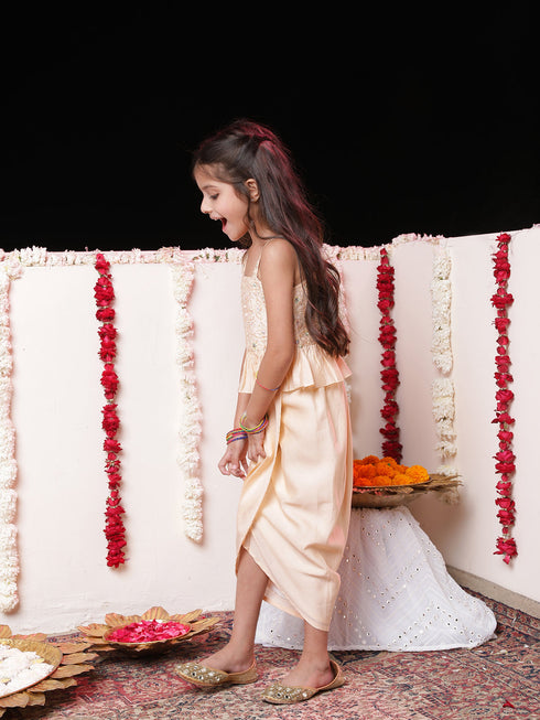 Vastramay Girls' Peach Cotton Blend Embroidered Top With Draped Skirt