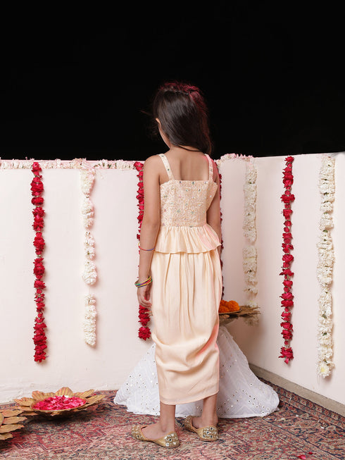 Vastramay Girls' Peach Cotton Blend Embroidered Top With Draped Skirt