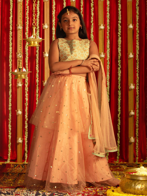 Vastramay Girls' Mint Green Zari Embroidery Worked Crop Top And Net Lehenga Set