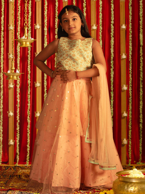 Vastramay Girls' Mint Green Zari Embroidery Worked Crop Top And Net Lehenga Set