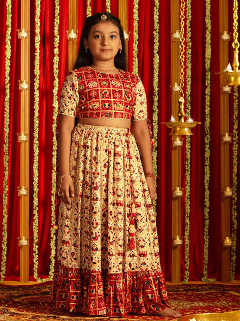 Vastramay Girls' Red And Cream Patola Print Lehenga Set