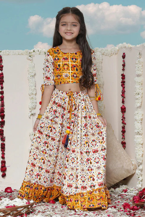 VASTRAMAY Girls' Yellow And Cream Patola Print Lehenga Set
