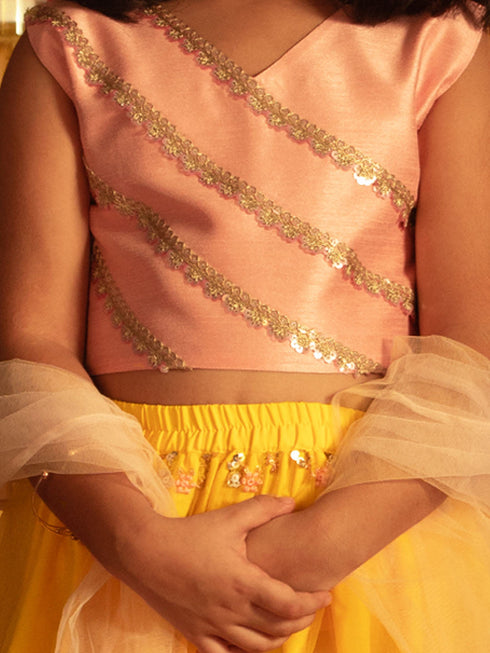 Vastramay Girls' Pink Crop Top And Yellow Net Lehenga With Ruffled Dupatta Set