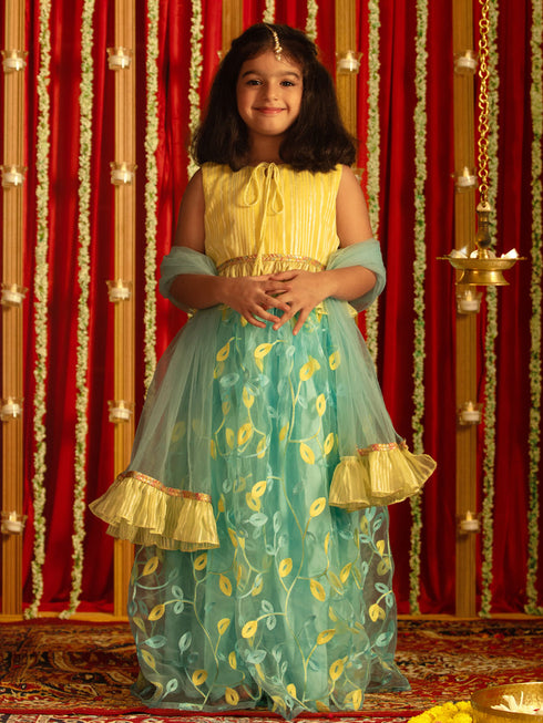 Vastramay Girls' Yellow Crop Top And Aqua Lehenga With Ruffled Dupatta Set