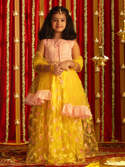 Vastramay Girls' Pink Top And Yellow Lehenga With Ruffled Dupatta Set