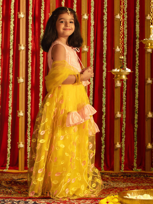 Vastramay Girls' Pink Top And Yellow Lehenga With Ruffled Dupatta Set