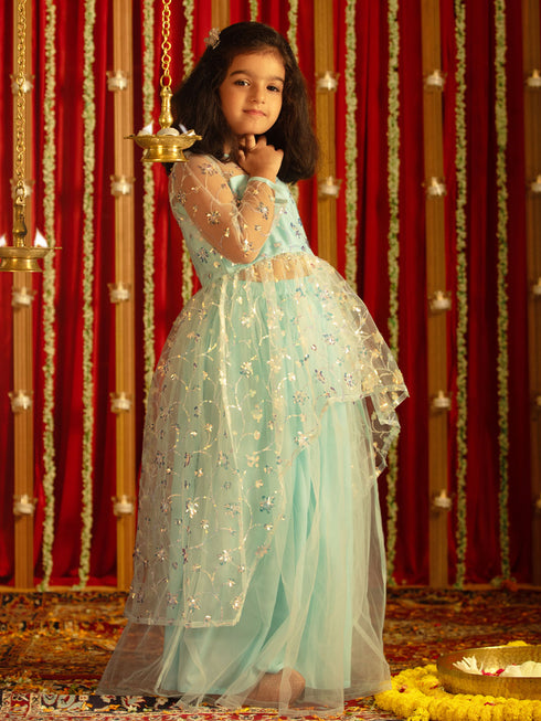 Vastramay Girls' Aqua Embroidered Anarkali Kurta With Long Skirt Set