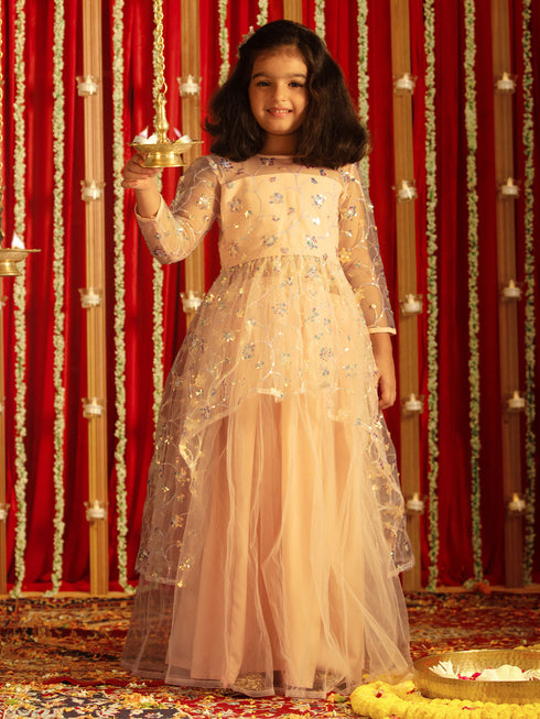 Vastramay Girls' Peach Embroidered Anarkali Kurta With Long Skirt Set