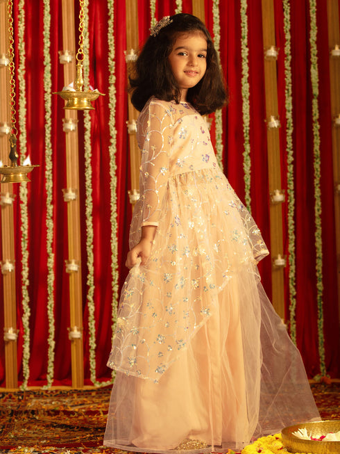 Vastramay Girls' Peach Embroidered Anarkali Kurta With Long Skirt Set