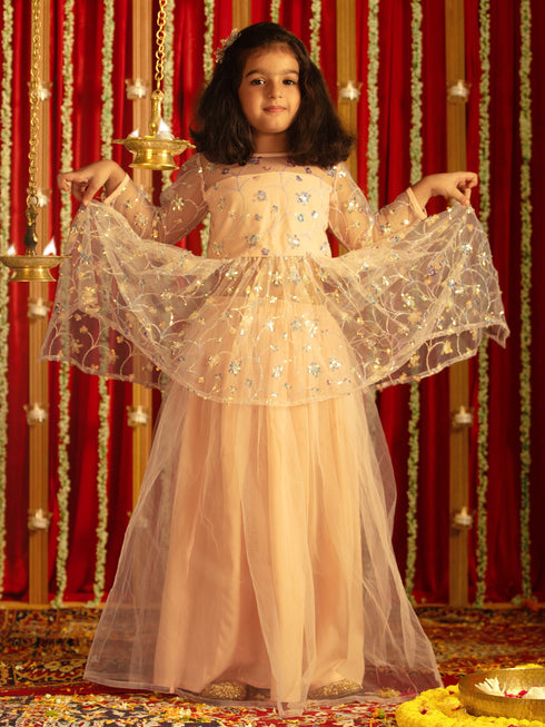 Vastramay Girls' Peach Embroidered Anarkali Kurta With Long Skirt Set