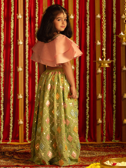 Vastramay Girls' Pink And Mint Green Georgette Lehenga Set
