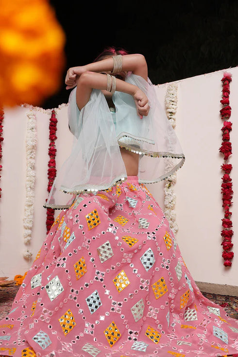 VASTRAMAY Girls' Aqua And Pink Georgette Lehenga Set