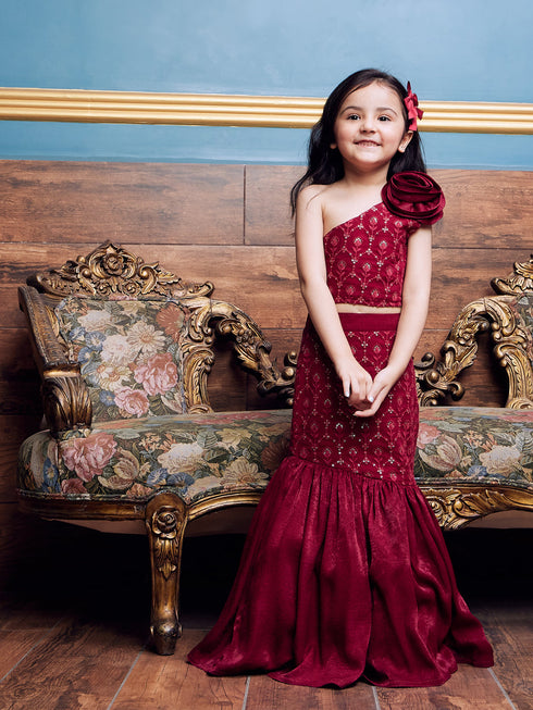 Vastramay Girls' Wine Fish Cut Sequined Skirt And Top Set