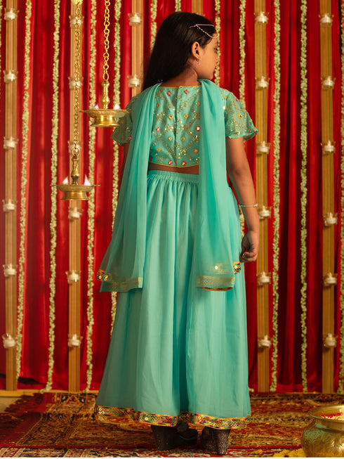 Vastramay Girls' Aqua Mirror Georgette Lehenga Set