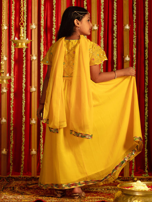 Vastramay Girls' Yellow Mirror Georgette Lehenga Set