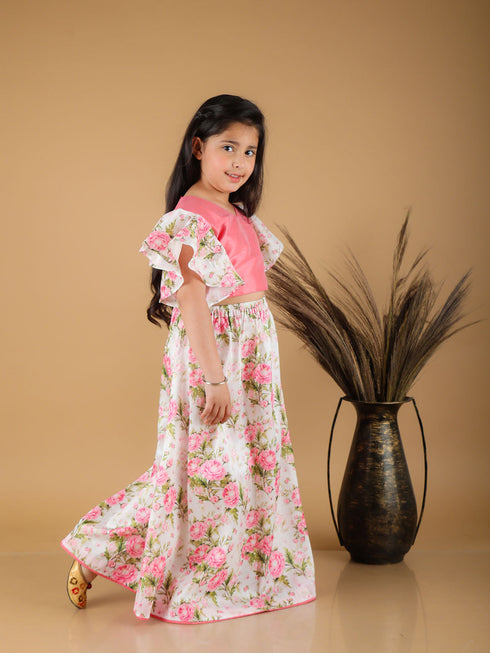 Vastramay Girl's Printed Skirt And Ruffle Crop Top Set