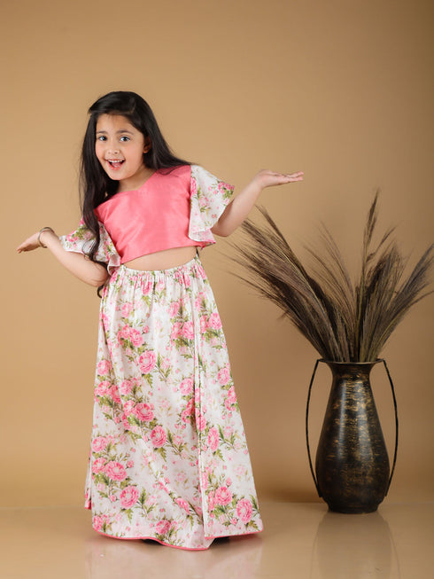 Vastramay Girl's Printed Skirt And Ruffle Crop Top Set