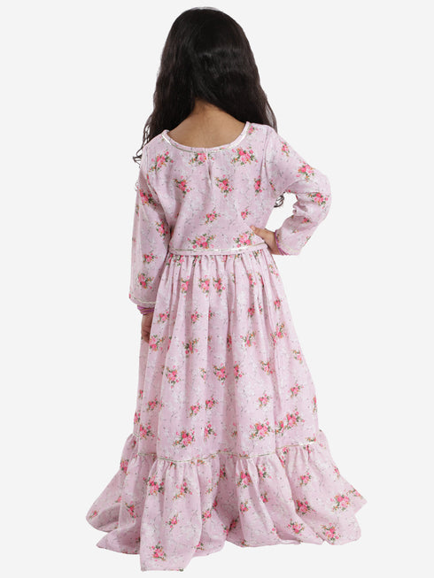 Vastramay Rose Pink Cotton Linen Floral Printed Siblings Set